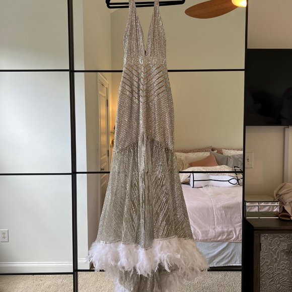 House of Jade Sky Sequin Party, Cocktail, Prom Dress with Feather Detail - Picture 11 of 12